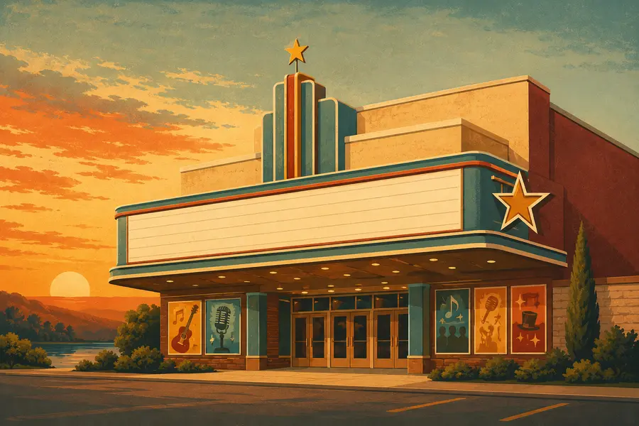 Illustrated travel-poster view representing Americana Theatre