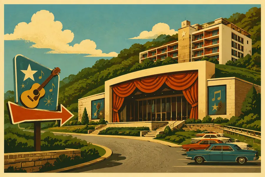 Illustrated travel-poster view representing Branson Hillside Theatre