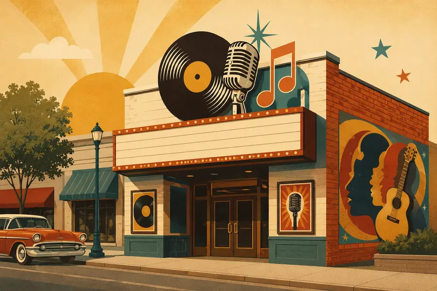 Illustrated travel-poster view representing Branson Hot Hits Theatre