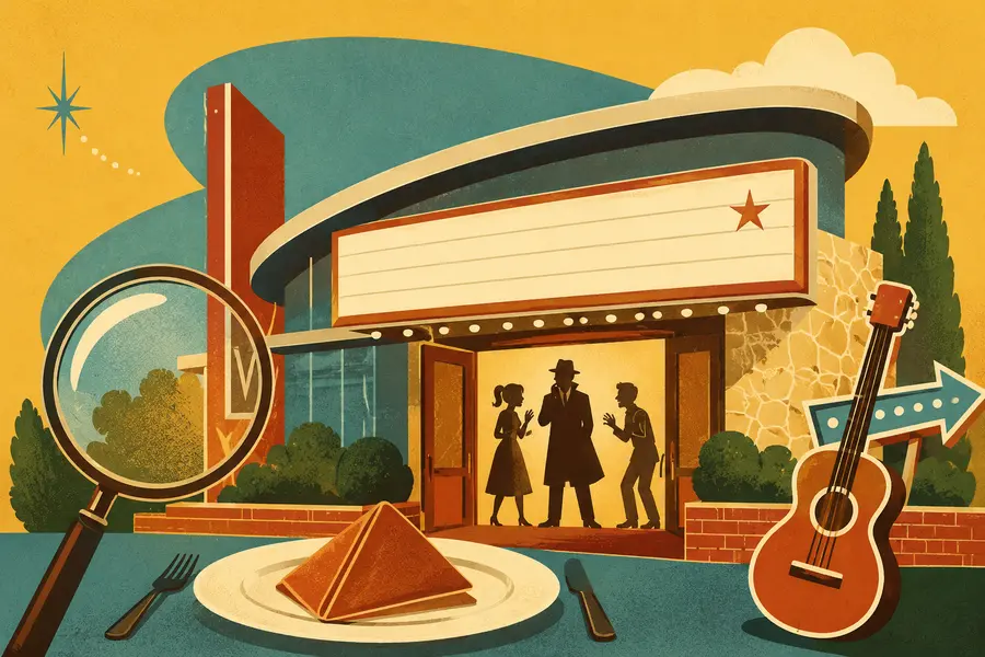 Illustrated travel-poster view representing Branson Murder Mystery