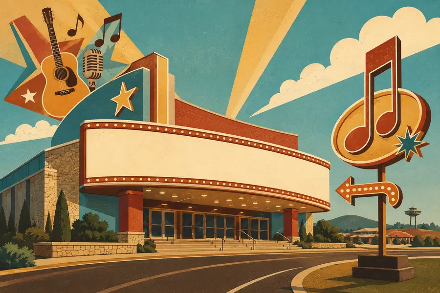 Illustrated travel-poster view representing Clay Cooper Theatre