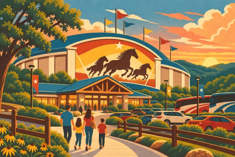 Illustrated travel-poster view representing Dolly Parton's Stampede