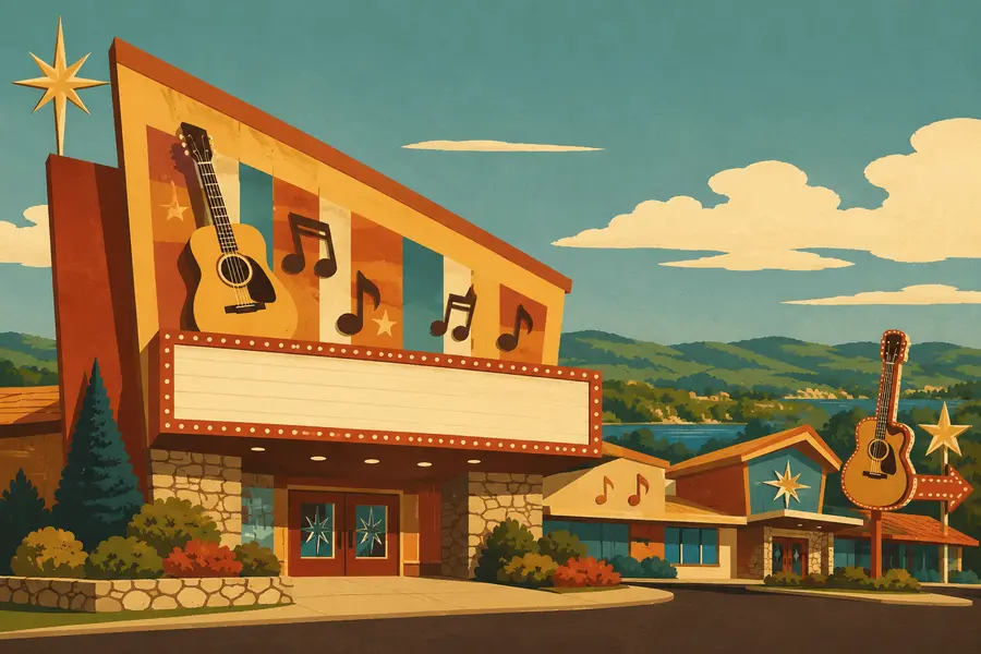 Illustrated travel-poster view representing Dutton Family Theatre