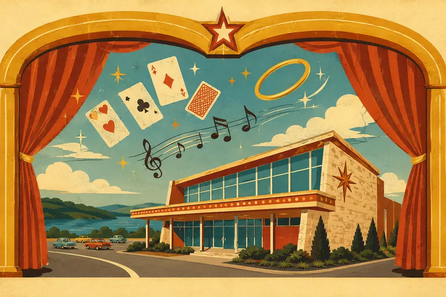 Illustrated travel-poster view representing Hamners' Variety Theater