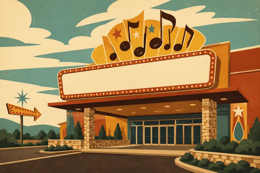 Illustrated travel-poster view representing Hughes Brothers Theatre