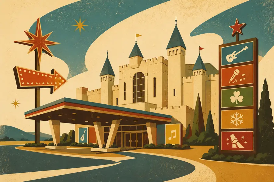 Illustrated travel-poster view representing King's Castle Theatre