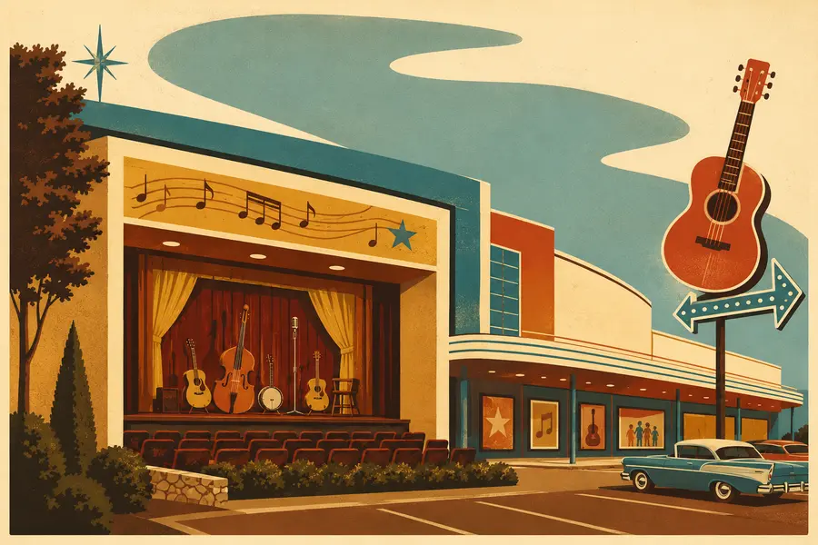 Illustrated travel-poster view representing Little Opry Theatre