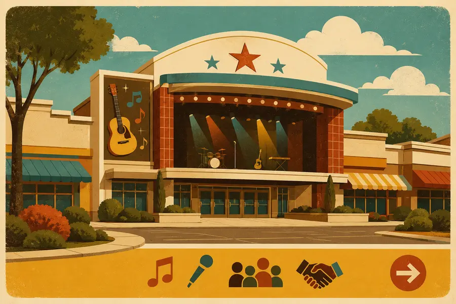 Illustrated travel-poster view representing The Main Stage at Branson Events Center