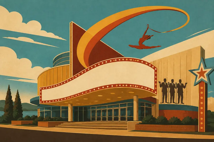 Illustrated travel-poster view representing Mickey Gilley Grand Shanghai Theatre