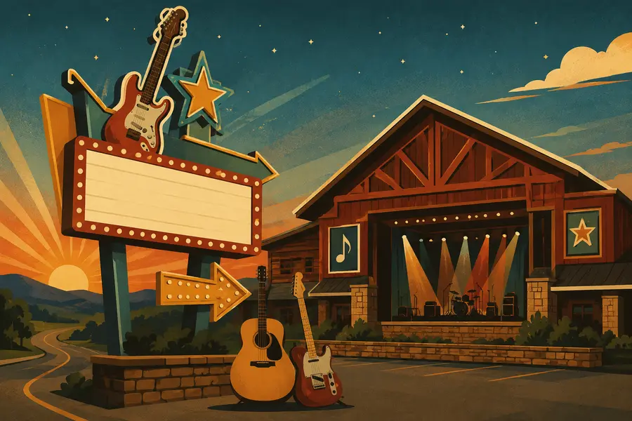 Illustrated travel-poster view representing Nashville Roadhouse Theater