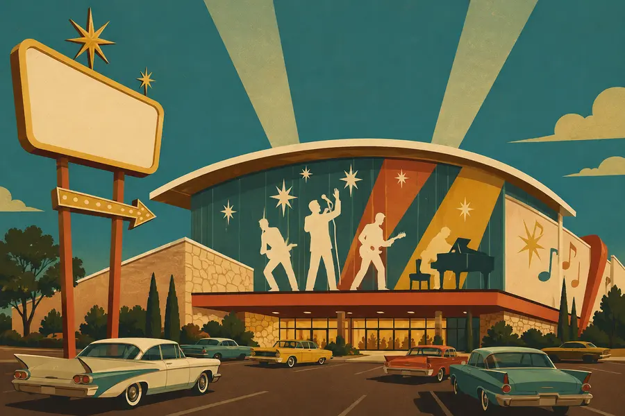 Illustrated travel-poster view representing Pepsi Legends Theater