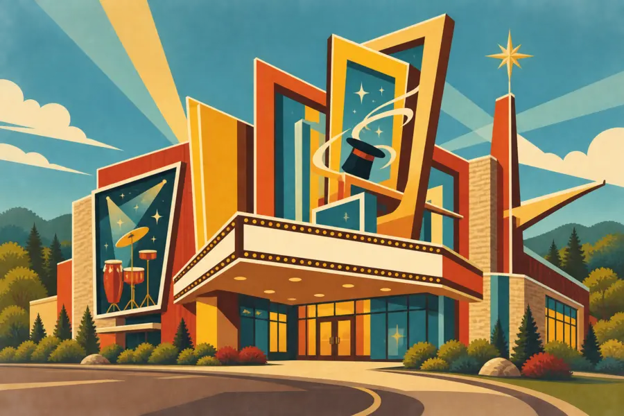 Illustrated travel-poster view representing Reza Live Theatre