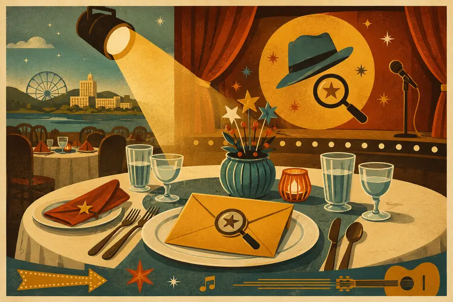 Illustrated travel-poster view representing Riga-Tony’s Murder Mystery Dinner Show