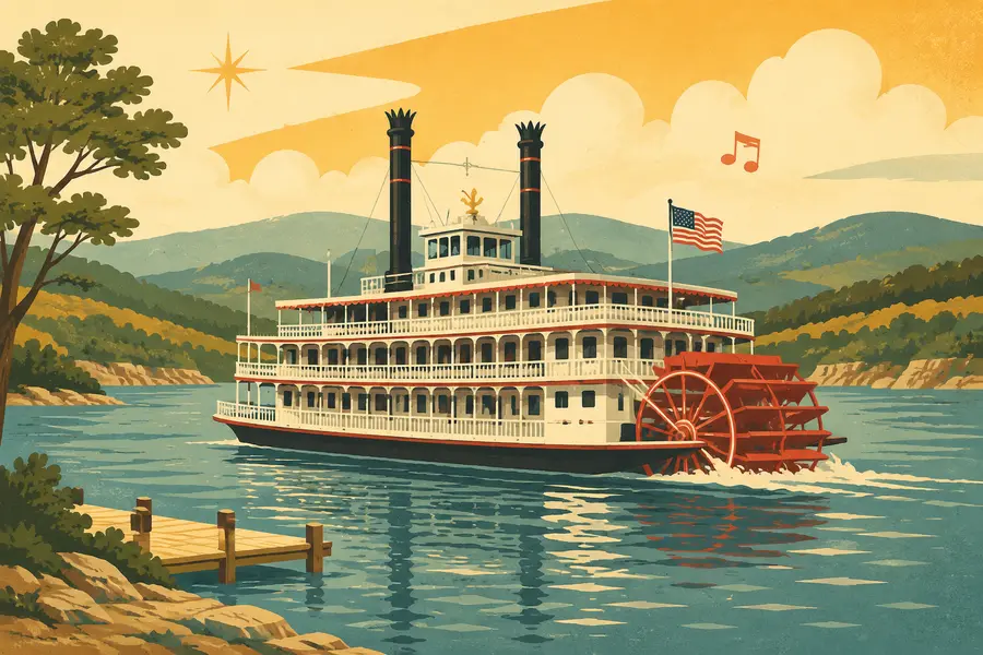 Illustrated travel-poster view representing Silver Dollar City's Showboat