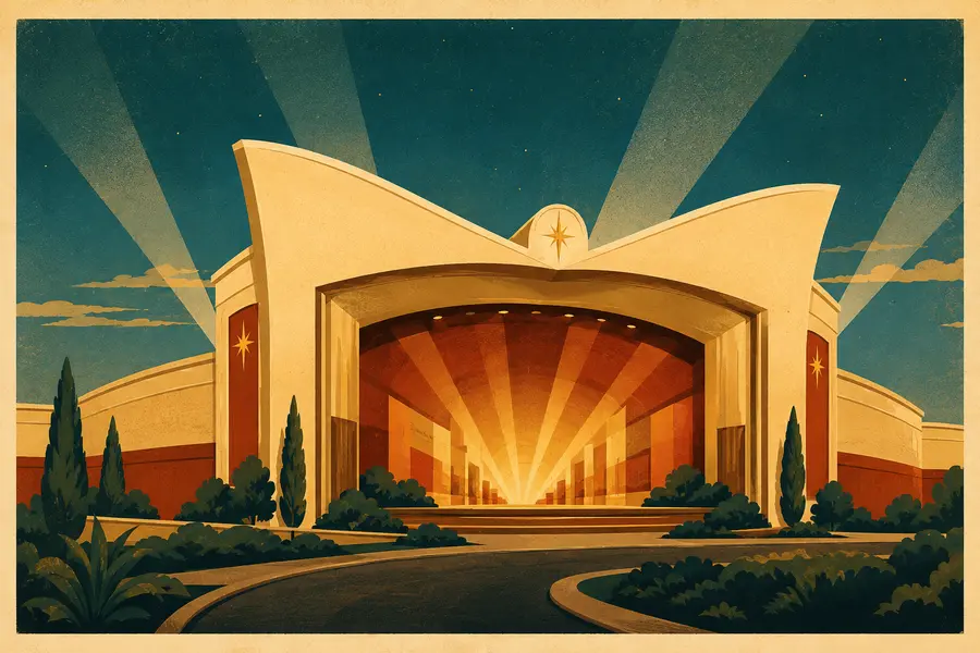 Illustrated travel-poster view representing Sight & Sound Theatres