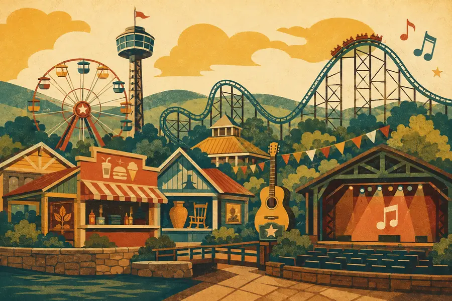 Illustrated travel-poster view representing Silver Dollar City