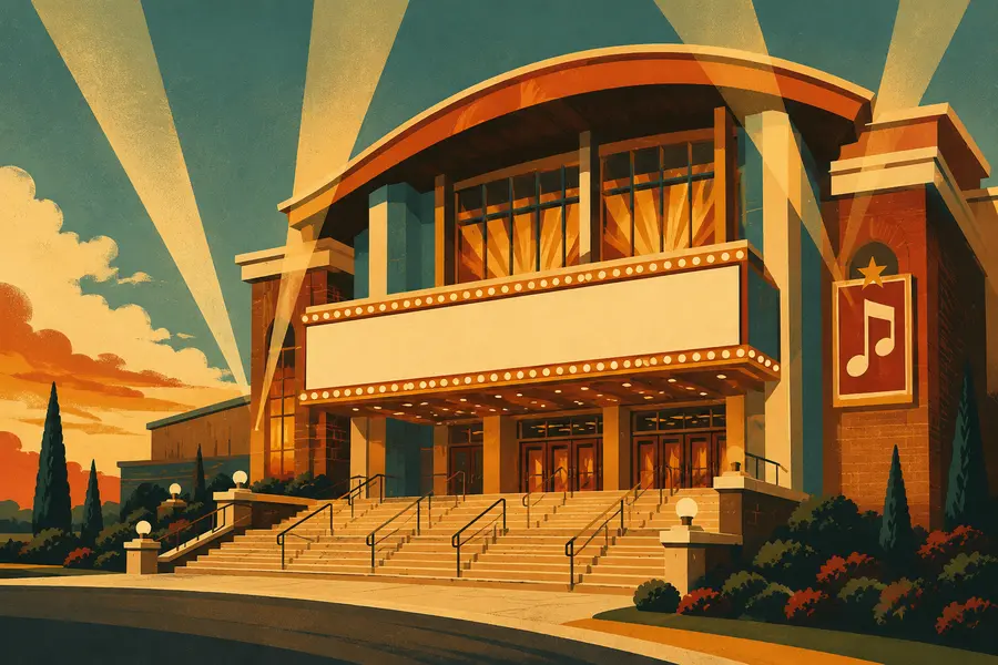 Illustrated travel-poster view representing The Mansion Theatre for the Performing Arts
