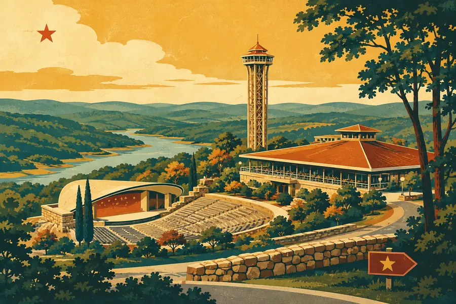 Illustrated travel-poster view representing The Shepherd of the Hills
