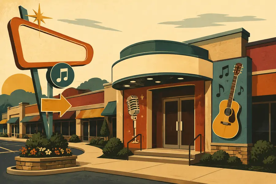Illustrated travel-poster view representing The Showroom at Branson Meadows
