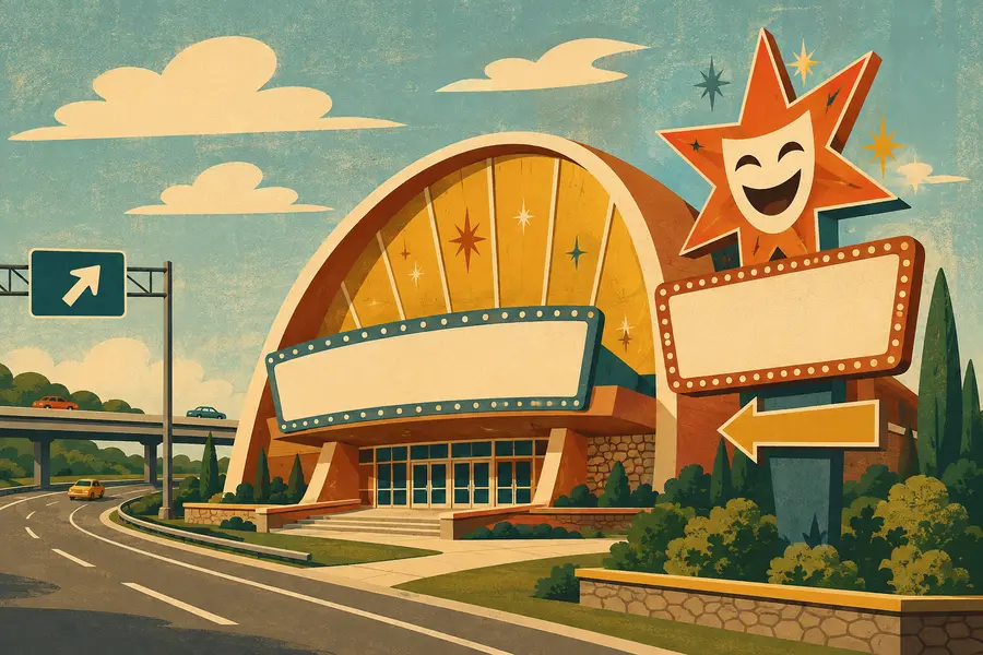 Illustrated travel-poster view representing Yakov Smirnoff Theatre